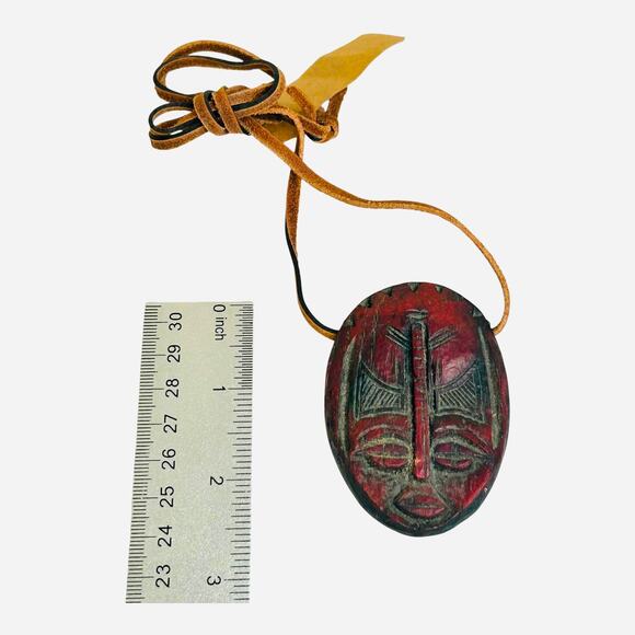Okapi Wooden Carved Red Wood Face Mask Pendant Necklace Suede Cord - Picture 2 of 4